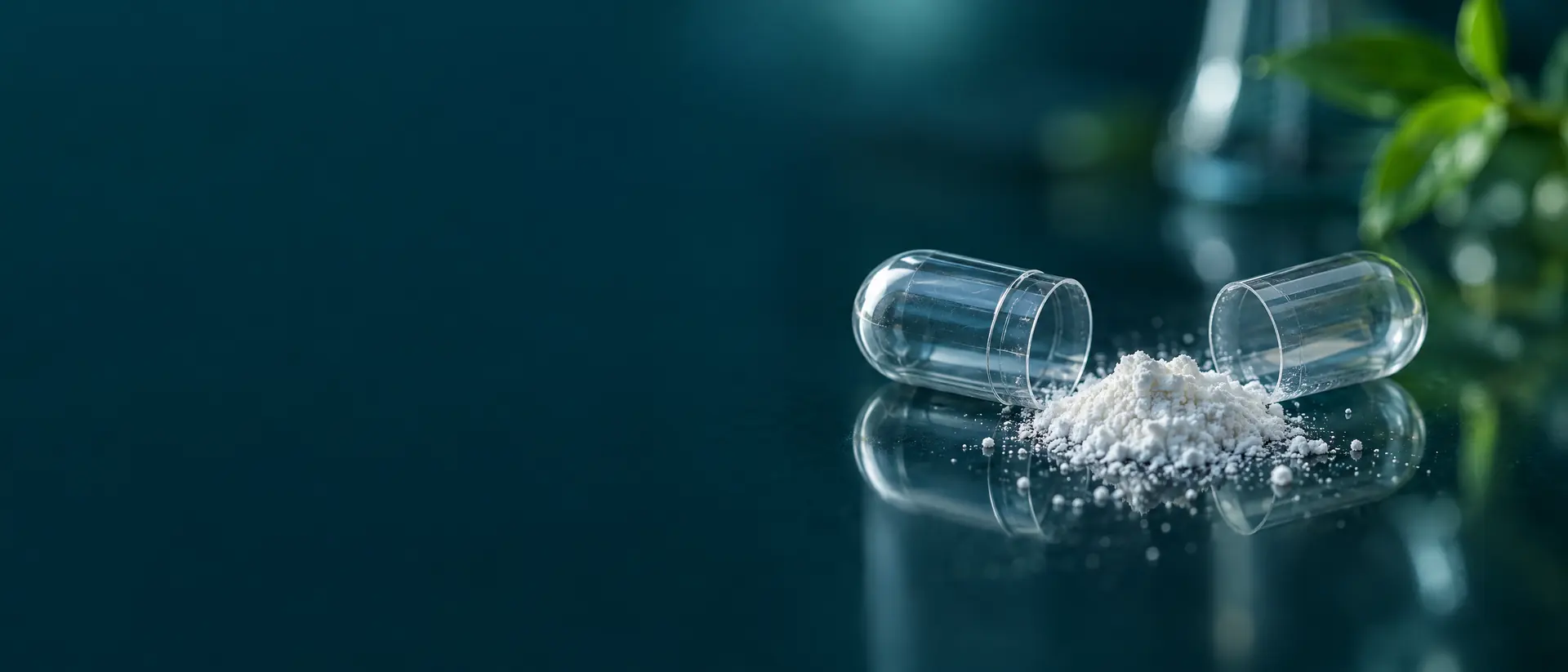 Empty clear capsule shells beside fine white powder on dark glass