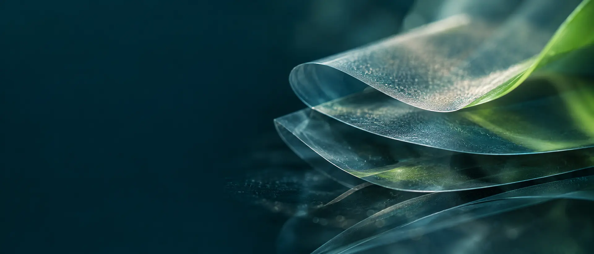 Layered translucent film sheets overlapping on dark glass