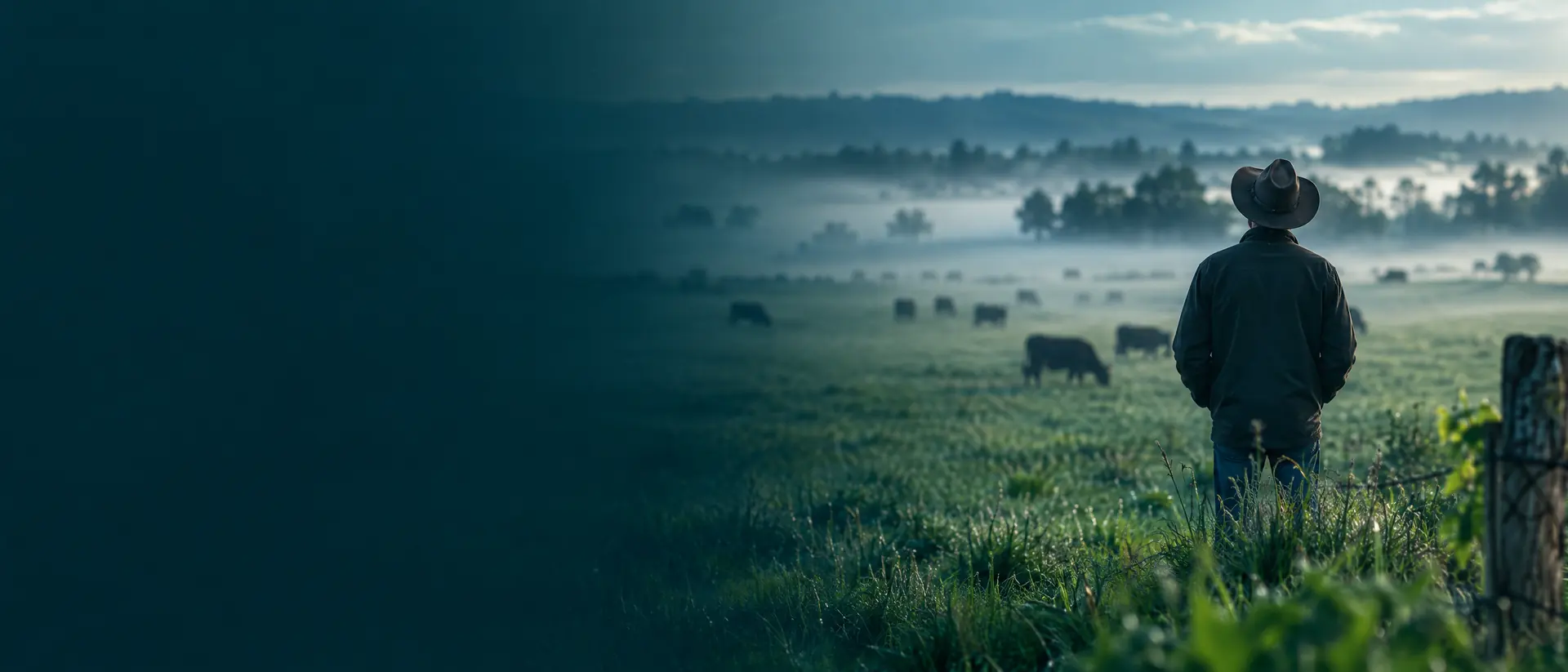 Cattle grazing far away in a misty early morning pasture