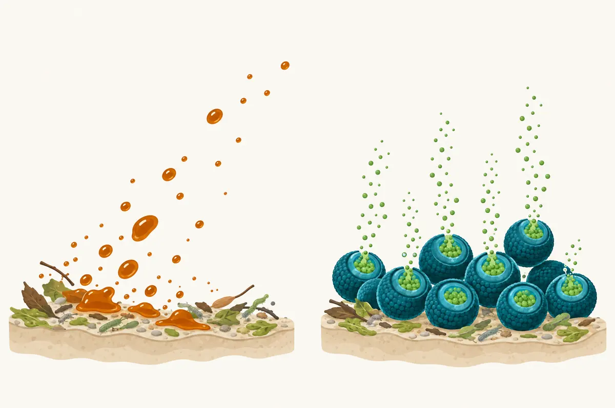 Diagram comparing unprotected active spent on debris with layered capsules releasing steadily on a surface