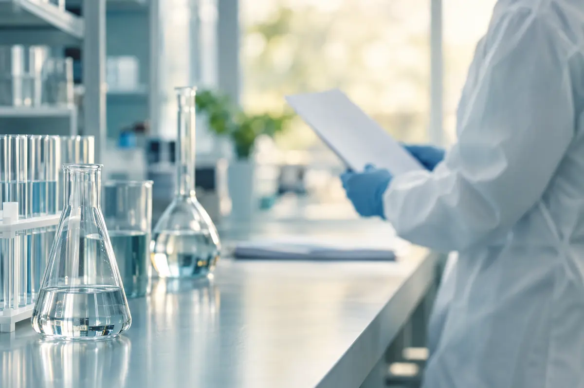 Person in protective gear reviewing documents at a lab bench, face not visible