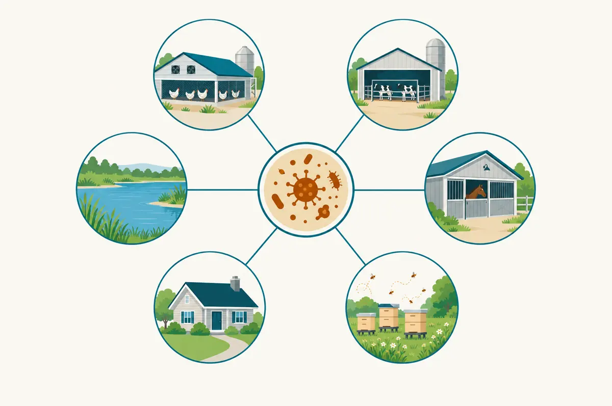 Ring of six icons for poultry, cattle, stable, apiary, home and water linked to a central circle