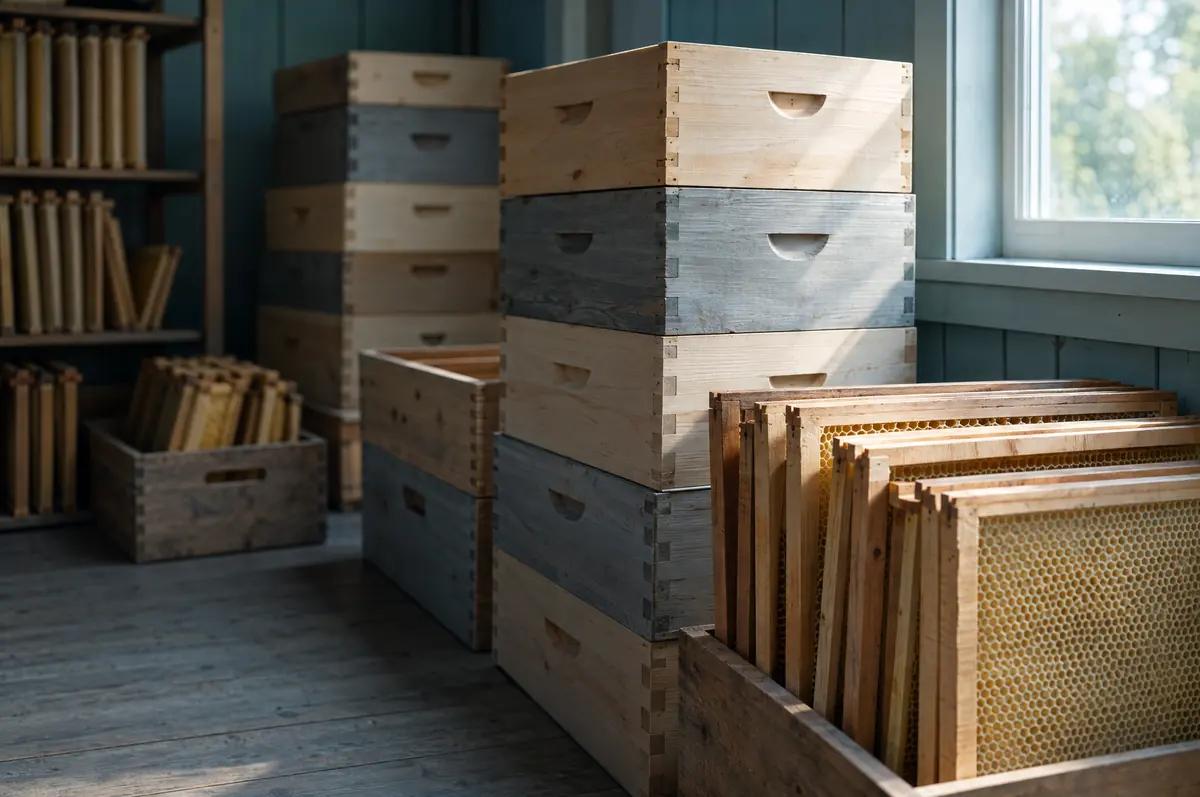 Empty wooden hive boxes and bare comb frames stacked in a clean storage shed