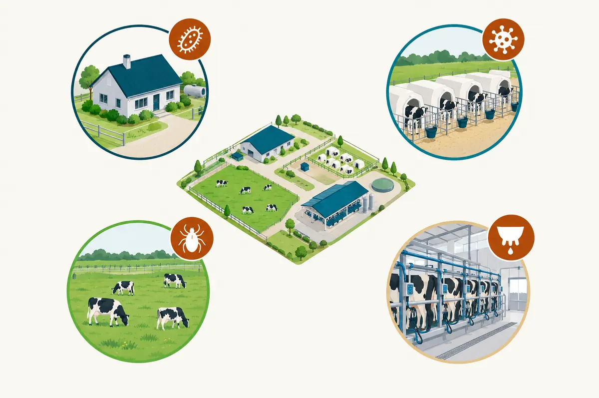Farm zone map of housing, calf hutches, pasture and parlor, each marked with its main pressure