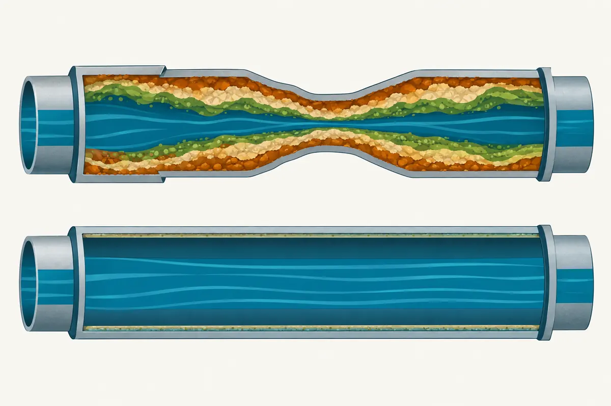 Cross-section comparing a water pipe narrowed by biofilm and scale with a clean pipe