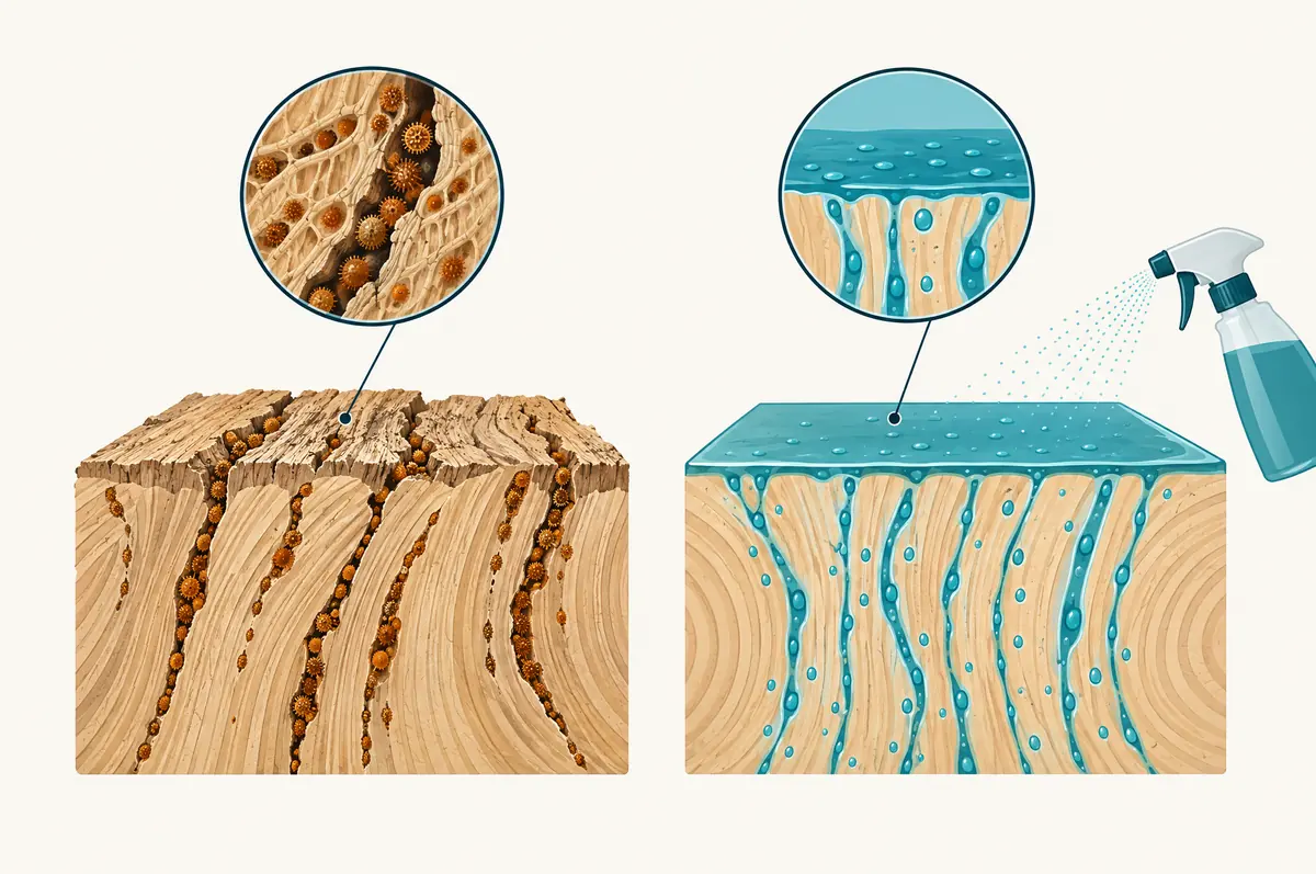 Diagram comparing spores trapped in porous wood grain with a sealed smooth stall surface