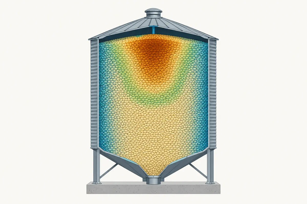 Cross-section of a grain bin showing a warm damp pocket at the top center and cool dry grain elsewhere