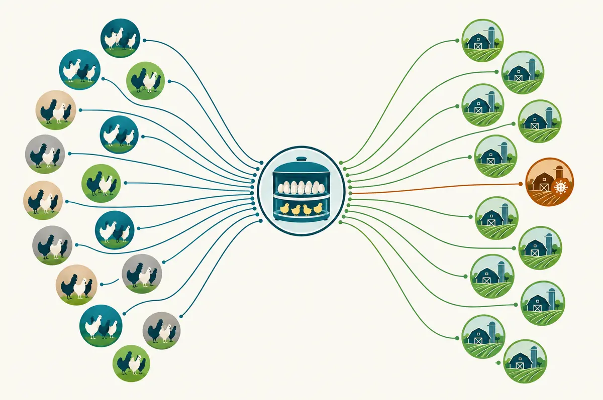 Diagram of many flocks converging on one hatchery that branches out to many farms