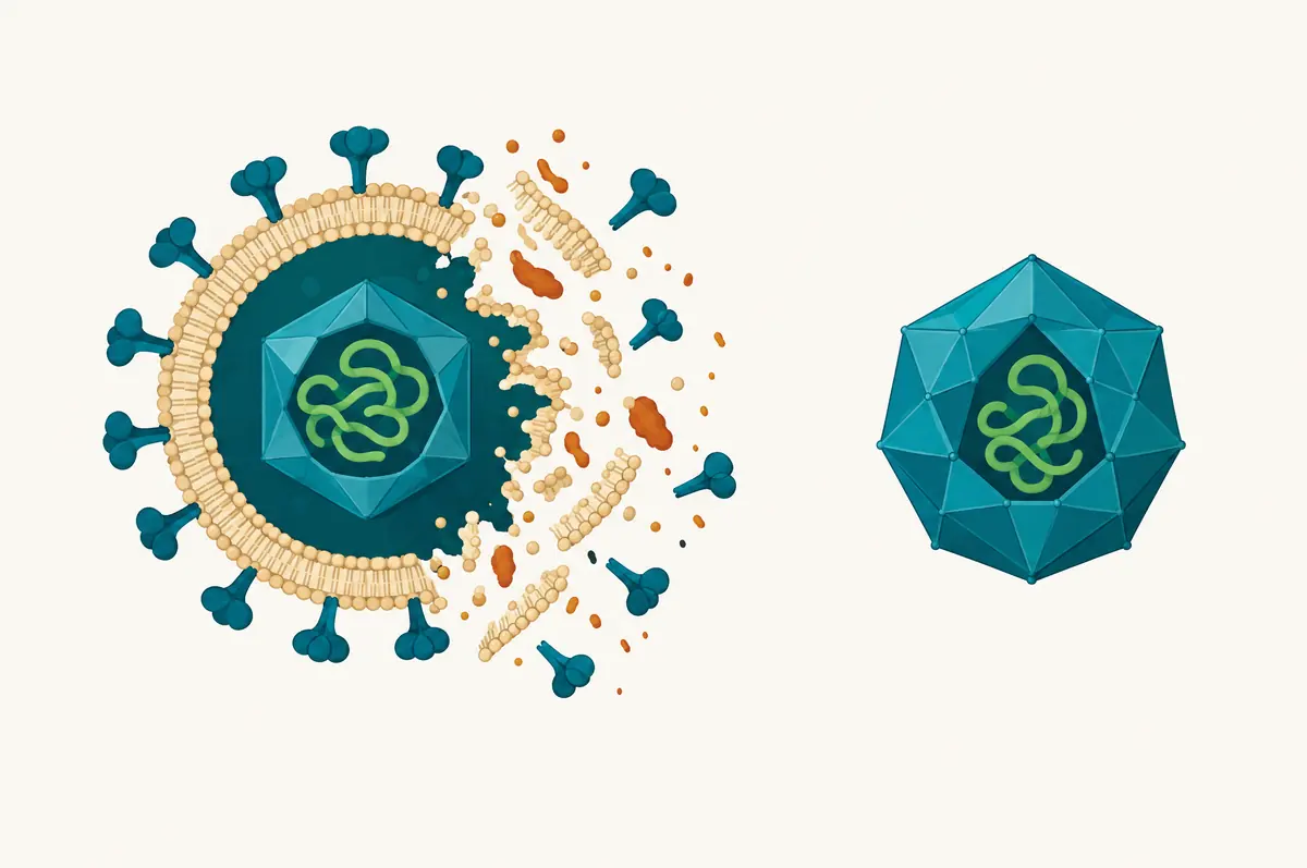 Diagram comparing an enveloped virus losing its lipid layer with an intact non-enveloped capsid