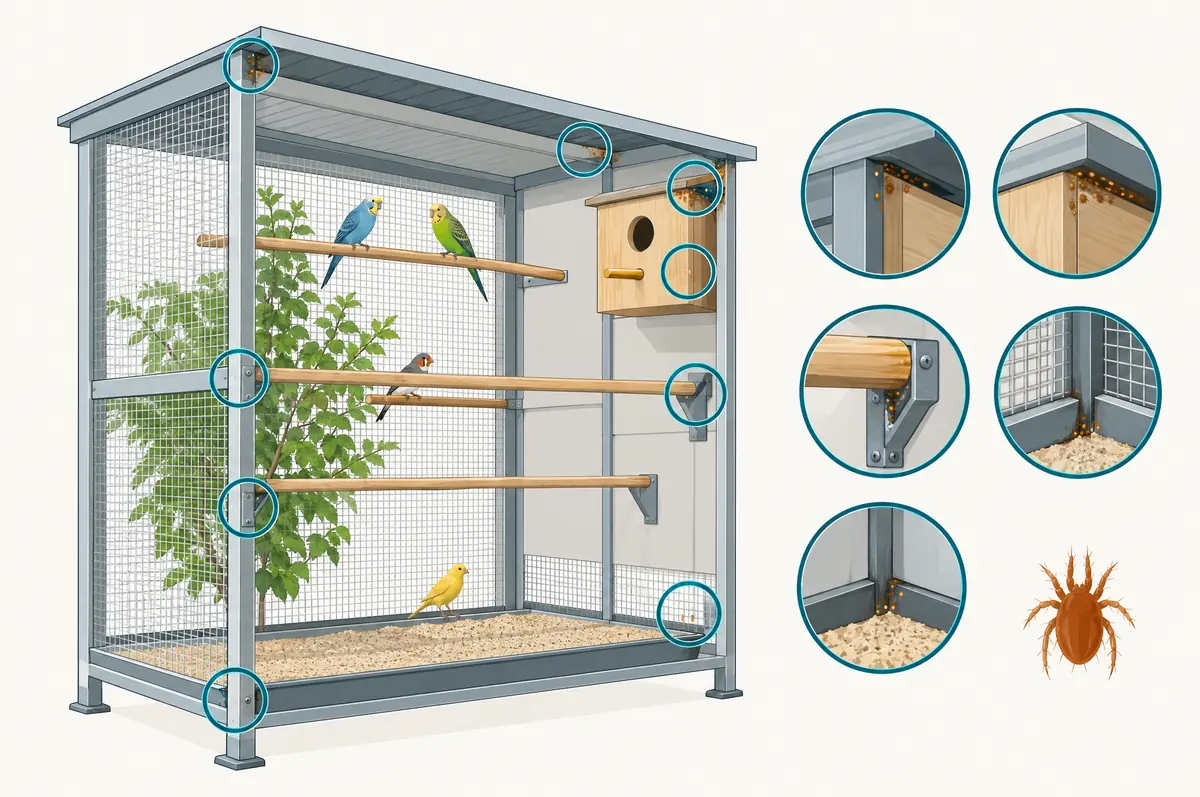 Aviary tier cross-section with rings at joints, perch brackets and nest box edges