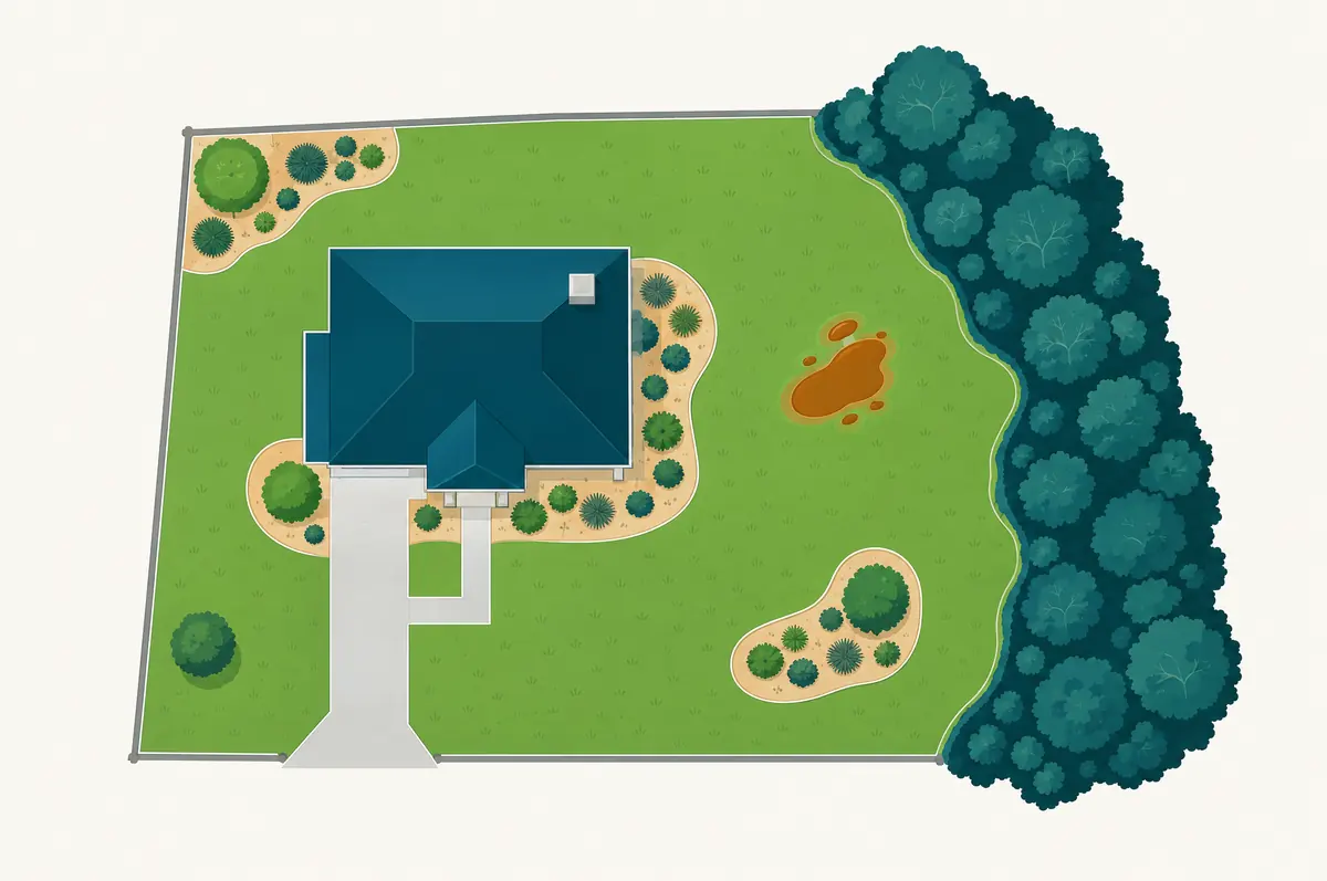 Top-down yard map showing house, lawn, mulch beds, standing water and a wooded edge as colored zones