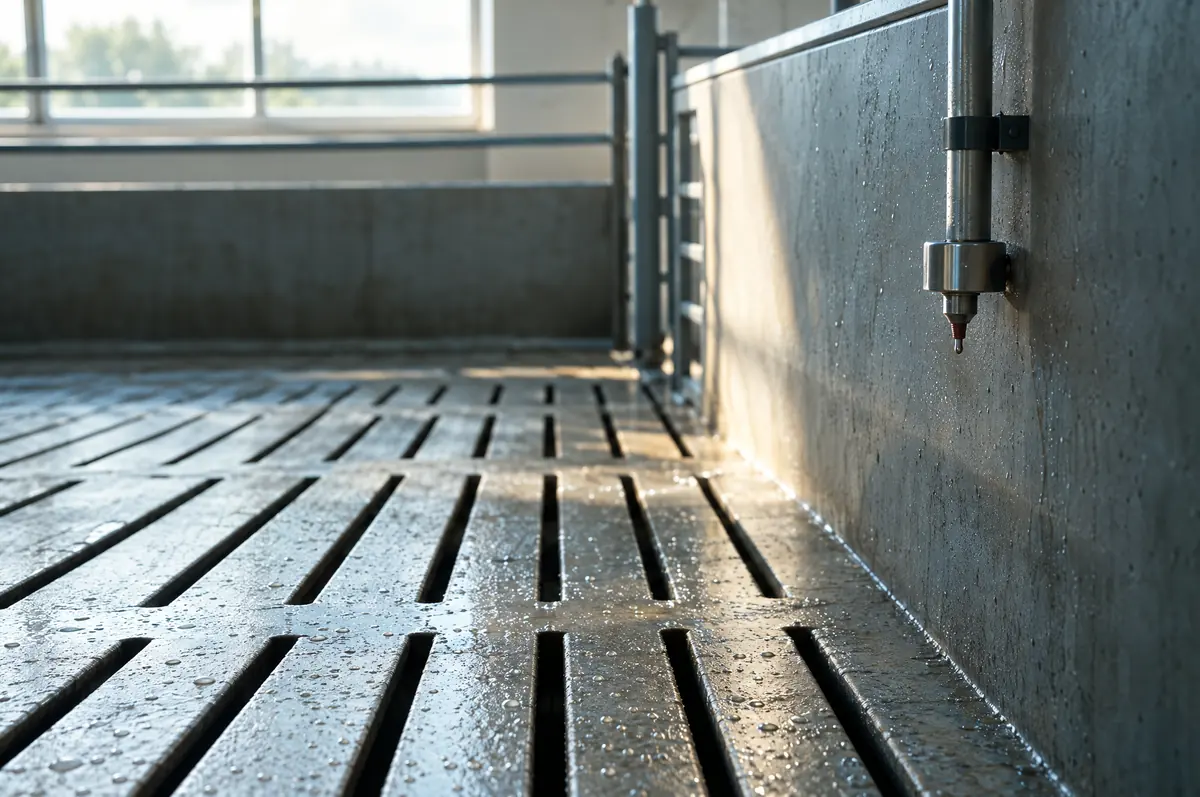 Empty pig pen with clean concrete slatted floor drying and a nipple drinker on the wall