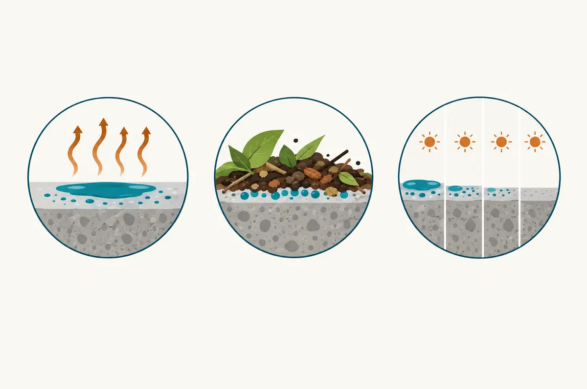 Three-circle diagram showing evaporation, organic soil and lost residual as reasons actives fail