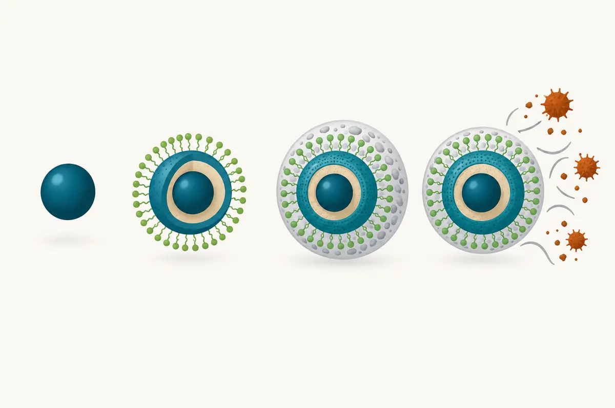 Diagram of a core active alone and then wrapped in shells, surfactant and carrier as a product