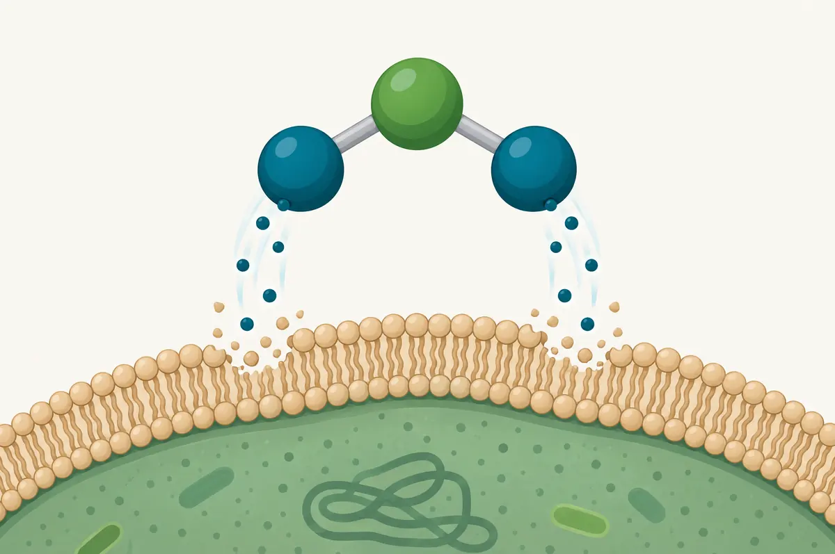 Diagram of a chlorine dioxide molecule as three spheres oxidizing a microbial cell membrane