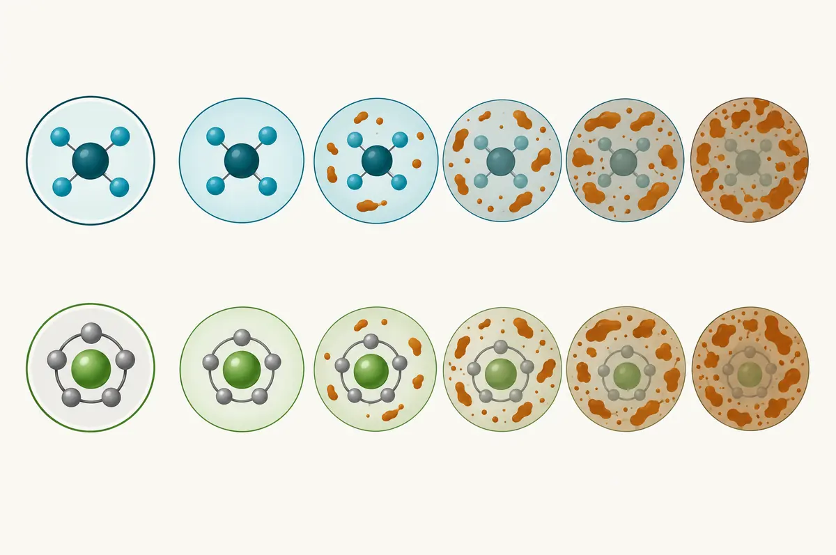 Circle grid comparing oxidizing and non-oxidizing disinfectants by sensitivity to organic load