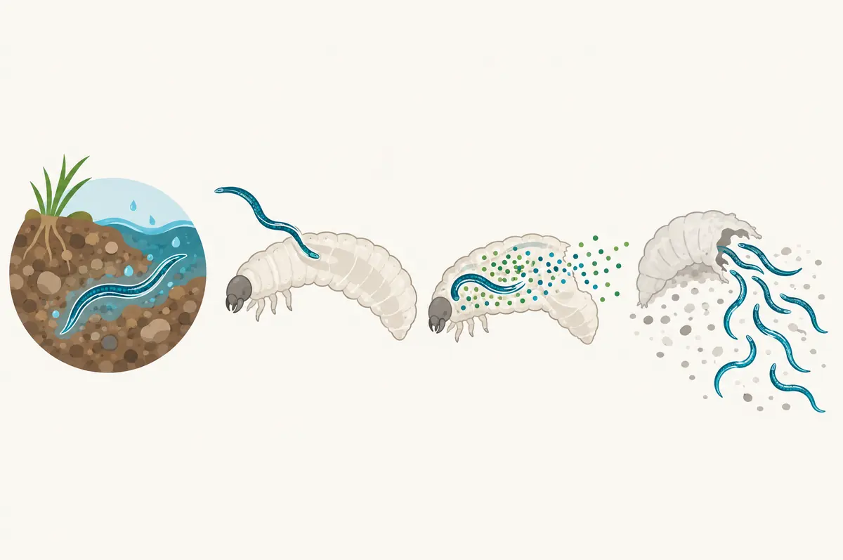 Life cycle diagram of nematodes entering a larva outline, releasing bacteria and emerging