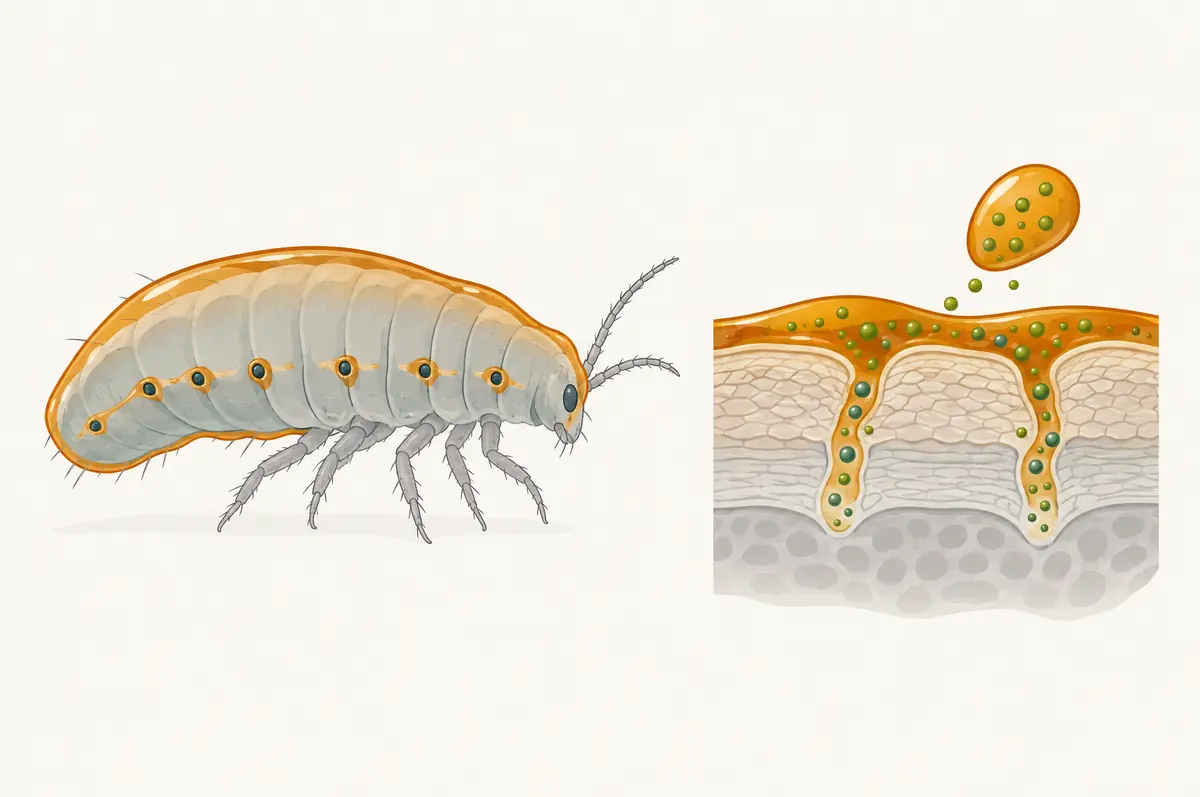 Oil film coating a simple arthropod outline, beside oil carrying an active across a cuticle layer