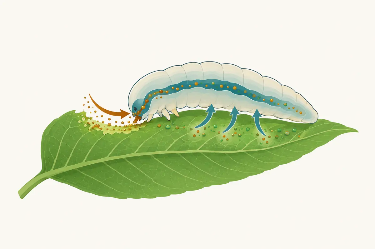 Stylized larva shape on a leaf showing uptake by ingestion and contact