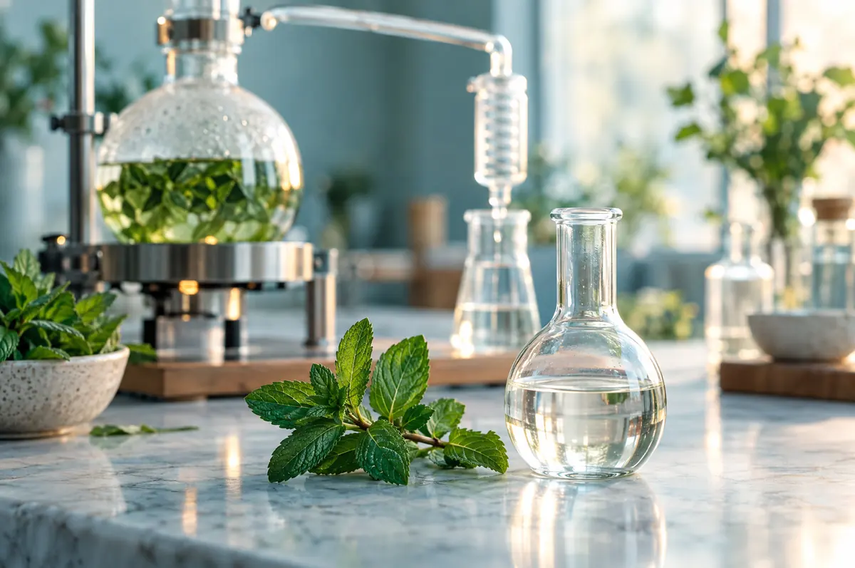Glass distillation setup with clear essential oil and a sprig of peppermint