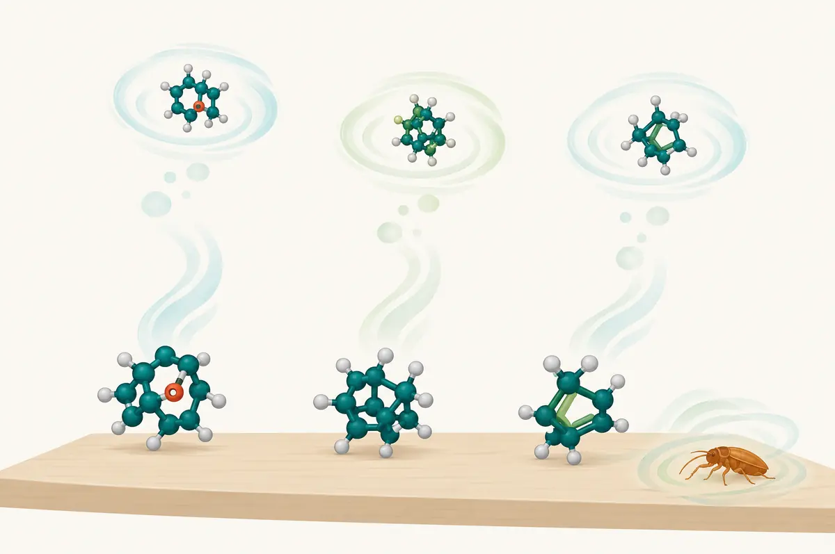 Diagram of three molecule shapes releasing vapor rings to show contact and fumigant action