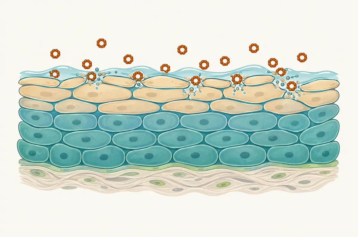 Diagram of moist skin cell layers with saponin rings disrupting outer membranes