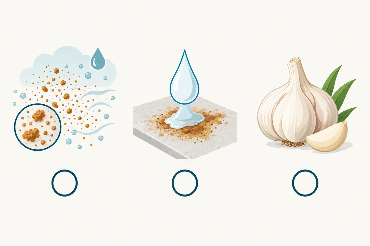 Three panels showing dust in humid air, bleach on soil and a garlic bulb