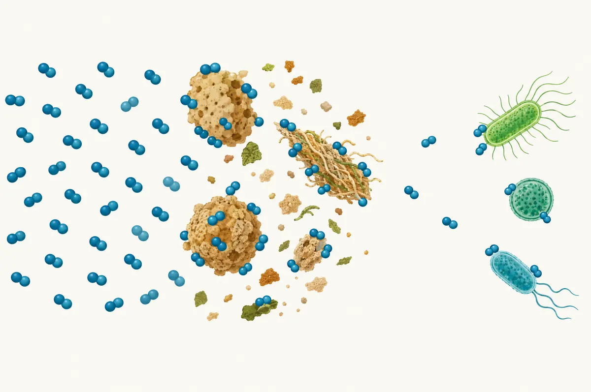 Hypochlorite spheres mostly consumed by organic particles before reaching microbes