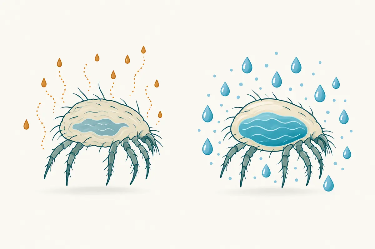 Simplified mite outline losing water in dry air versus staying hydrated in humid air