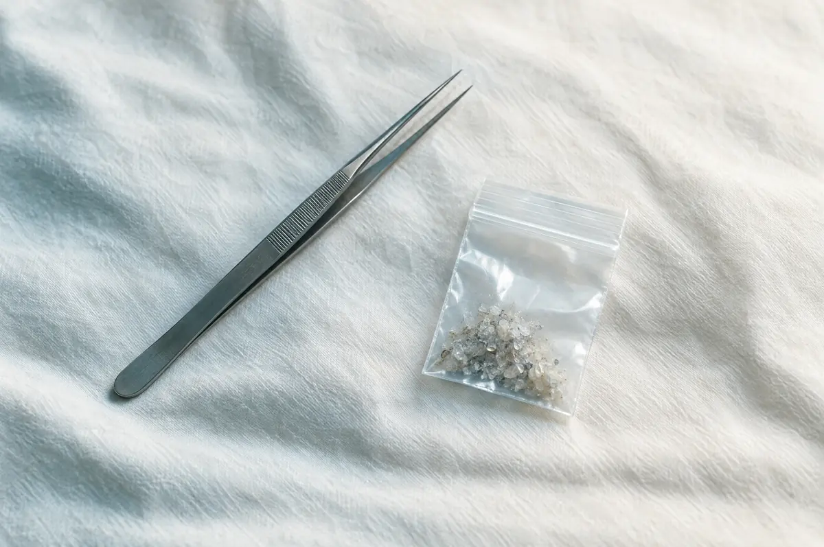 Fine-tipped tweezers and a small sealed bag on a white cloth