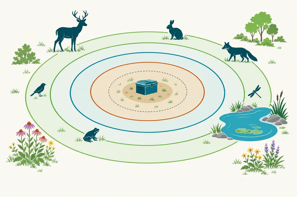 Concentric ring diagram of a treated site with zones for animals, a pond and flowering plants