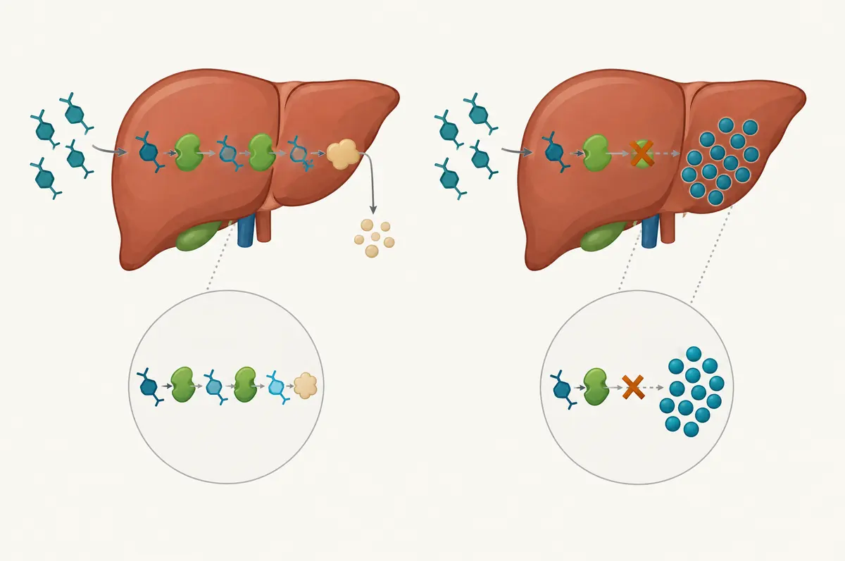 Diagram comparing a clearing metabolic route with a blocked route where molecules build up