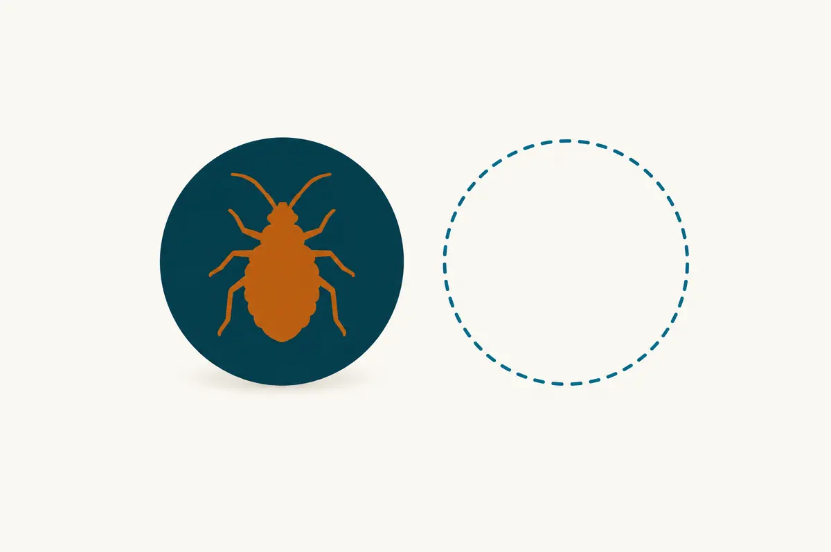 Solid circle with a simple pest outline beside an empty dashed circle