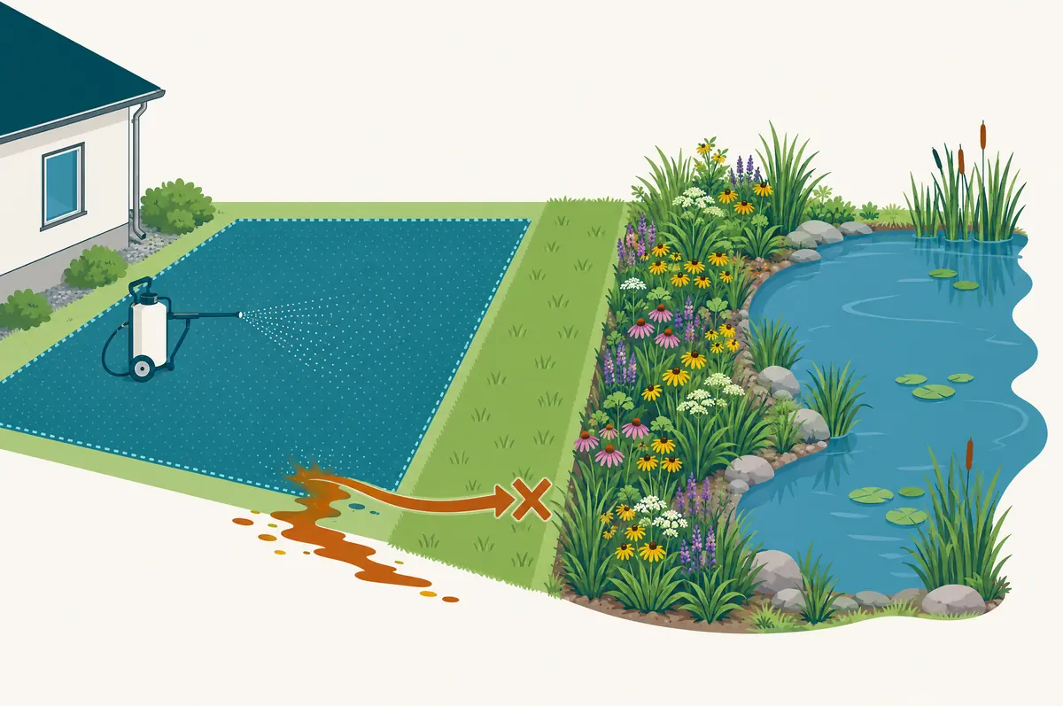 Diagram of a treated band with a buffer strip protecting a flowering border and a pond