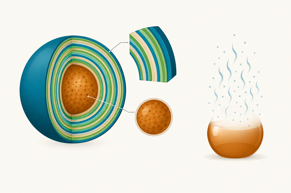 Cross-section of a capsule with many concentric layers around a core beside a bare evaporating droplet