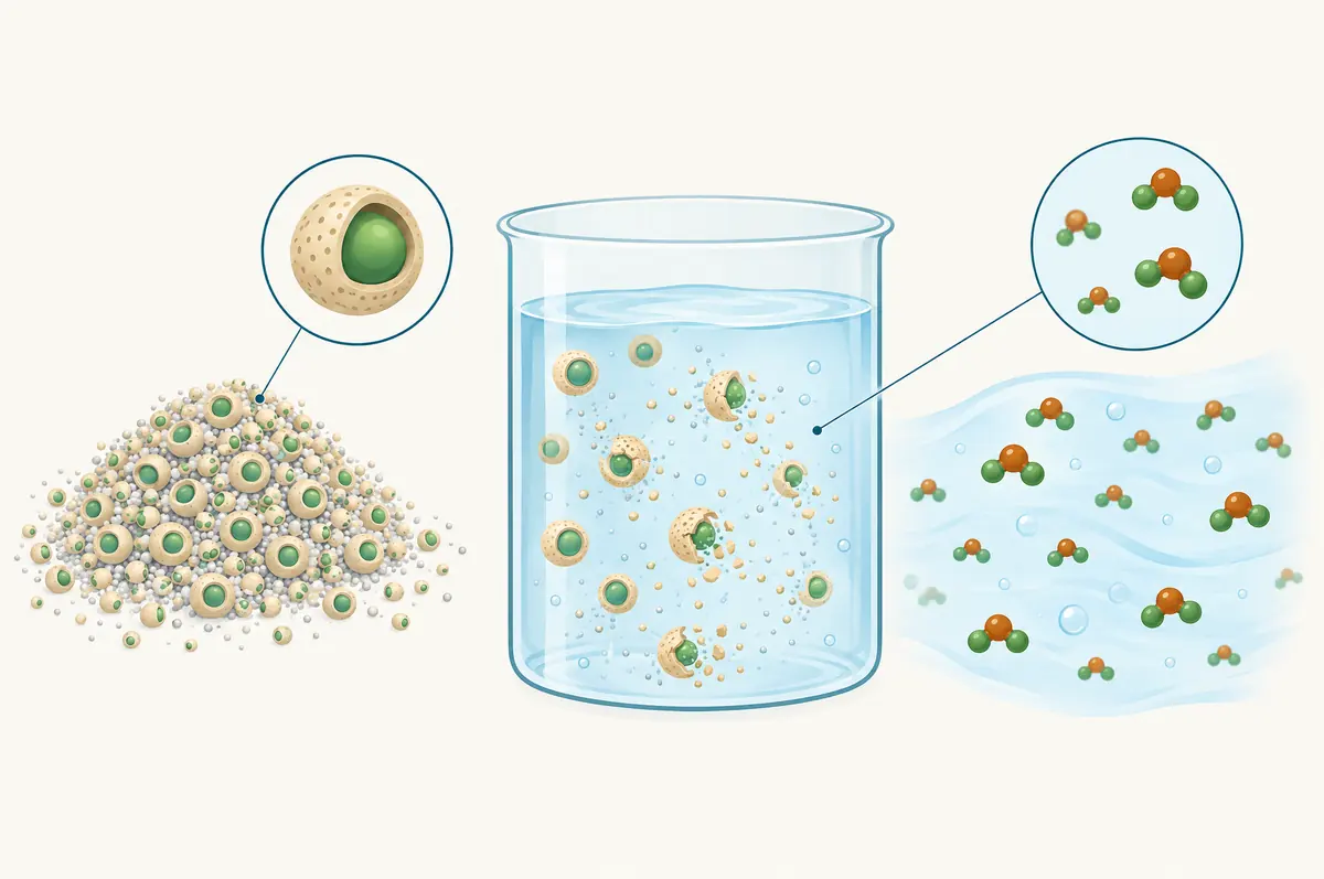Encapsulated precursor particles dissolving in water to release chlorine dioxide molecules