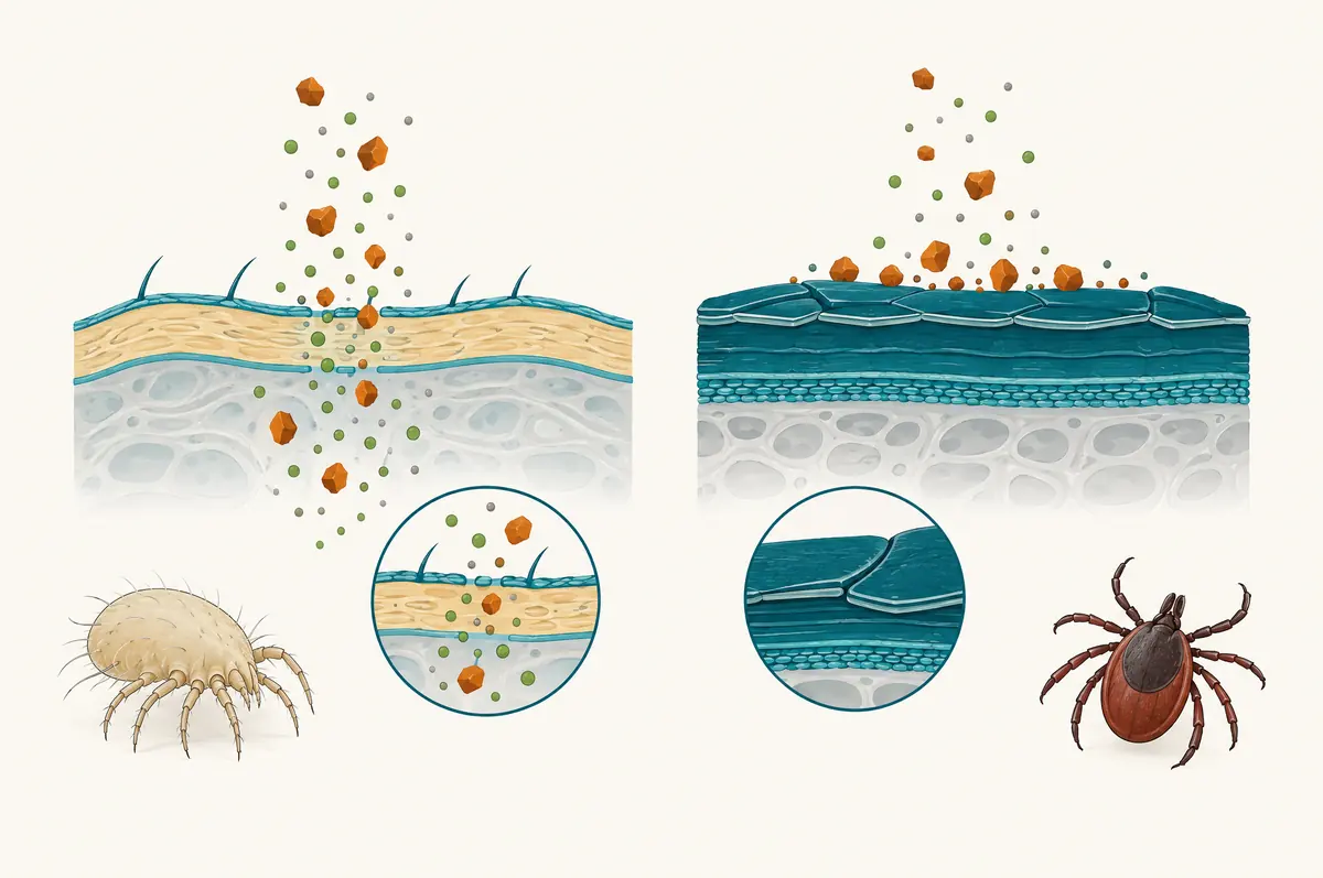 Cross-sections comparing a thin mite cuticle with a thick plated tick cuticle