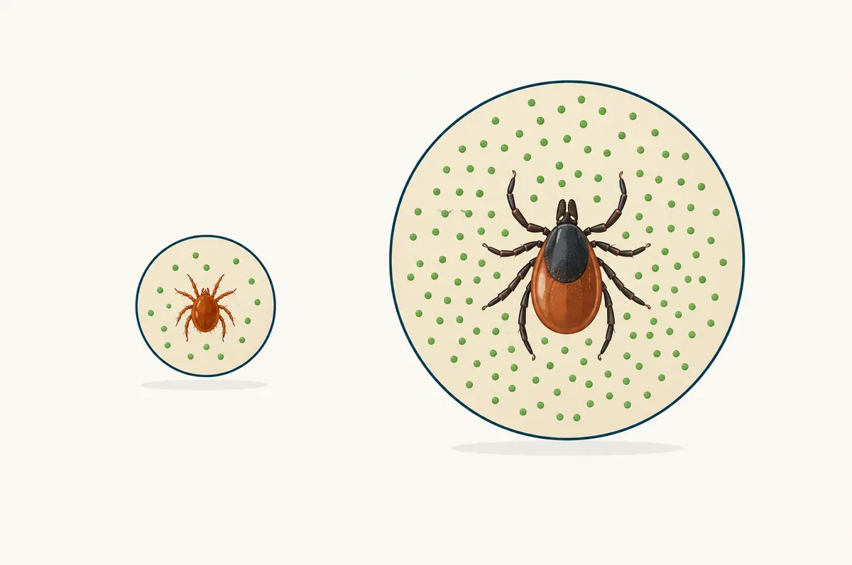 Small circle beside a much larger circle comparing mite-rate dose with the tick-rate need