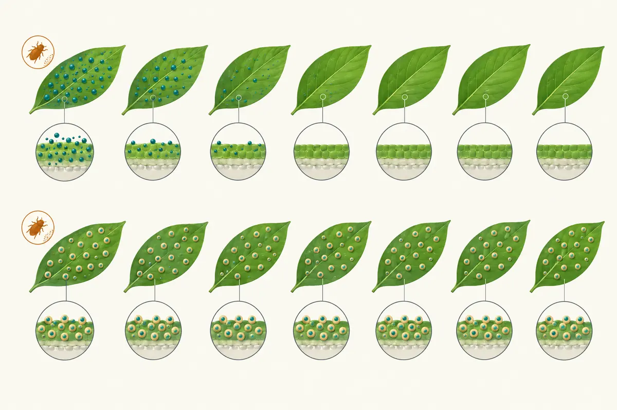 Seven-day timeline showing free oil dots vanishing by day three and encapsulated dots persisting
