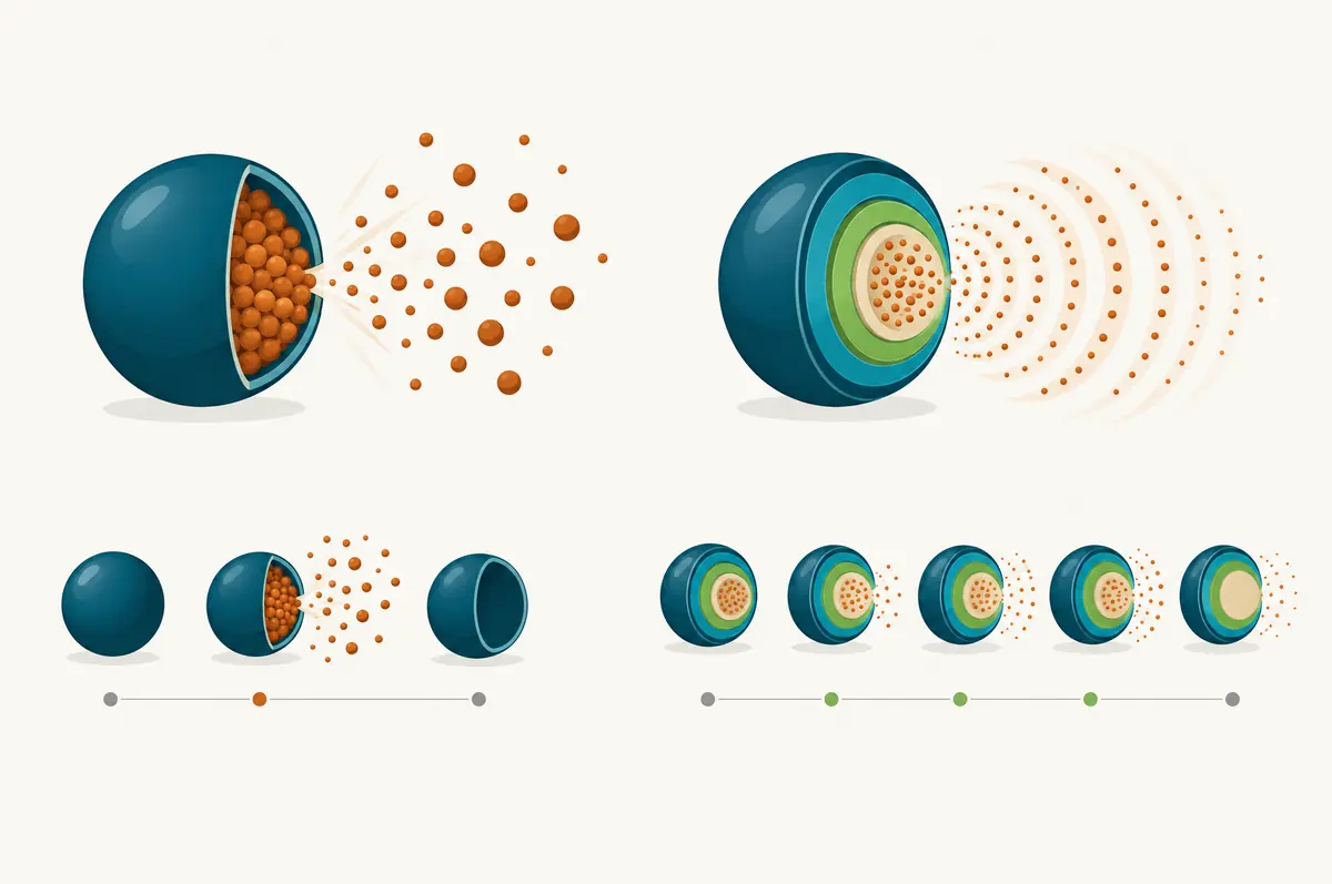 Single-layer sphere releasing in one burst beside a multi-layer sphere releasing steadily