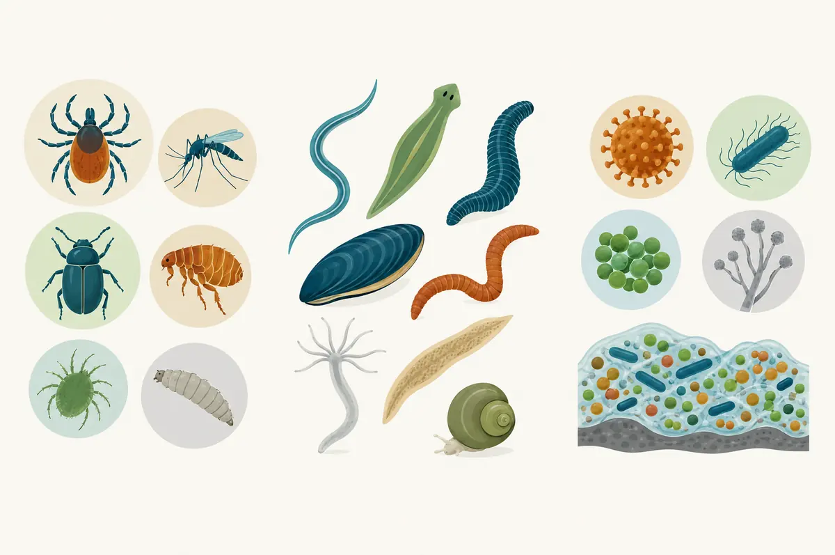 Three clusters of simple shapes representing arthropods, invertebrates and pathogens