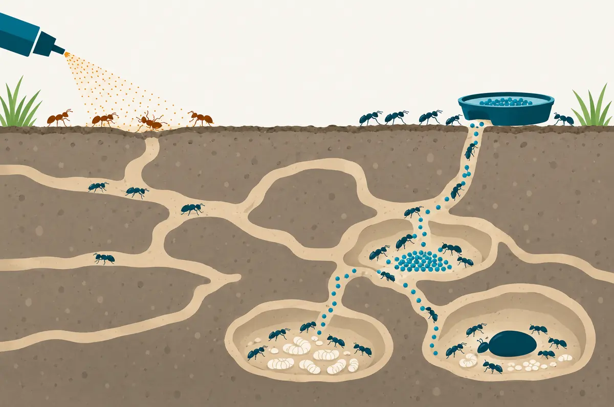 Colony cross-section comparing a surface spray with bait carried down to brood chambers