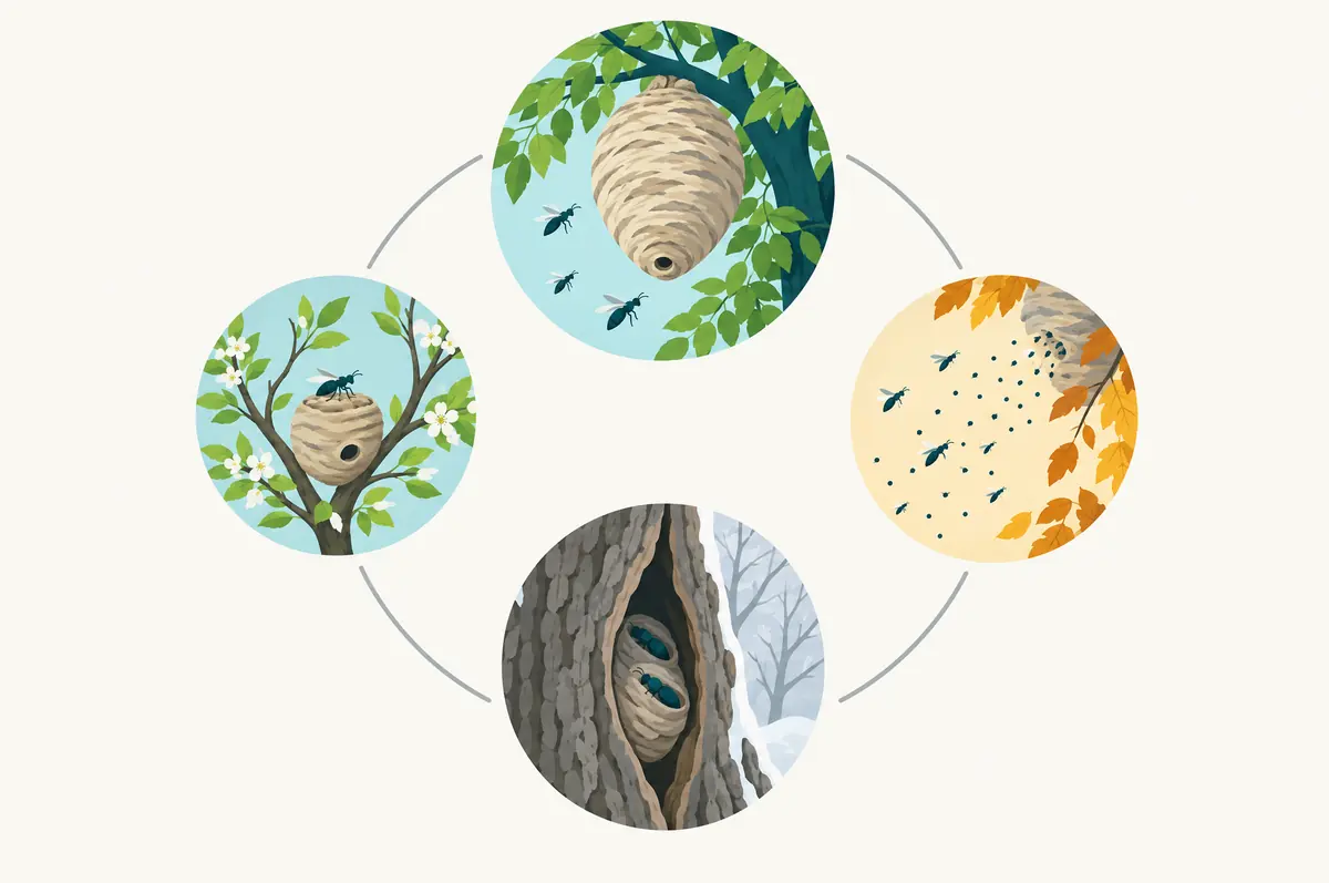 Seasonal circle diagram of spring nest, summer tree nest, autumn queens and winter hibernation