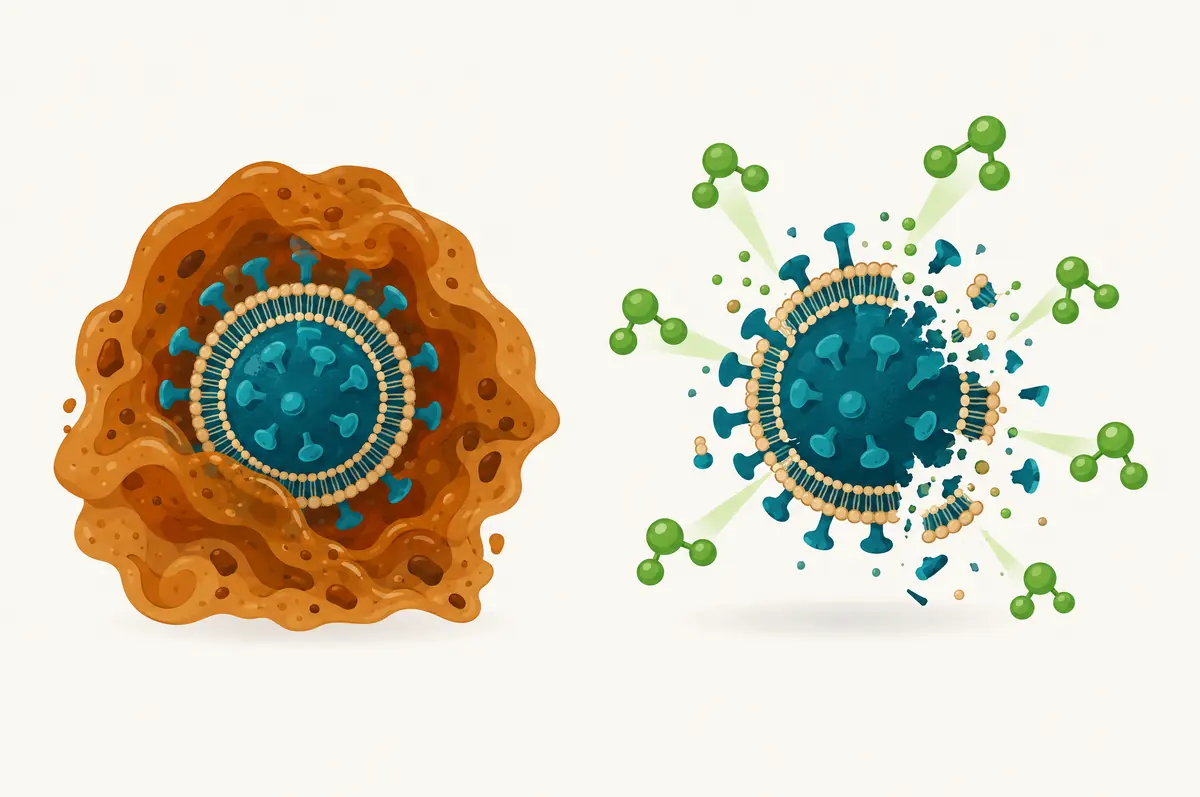 Enveloped virus shielded by organic matter beside the same virus on a clean surface reached by oxidizer