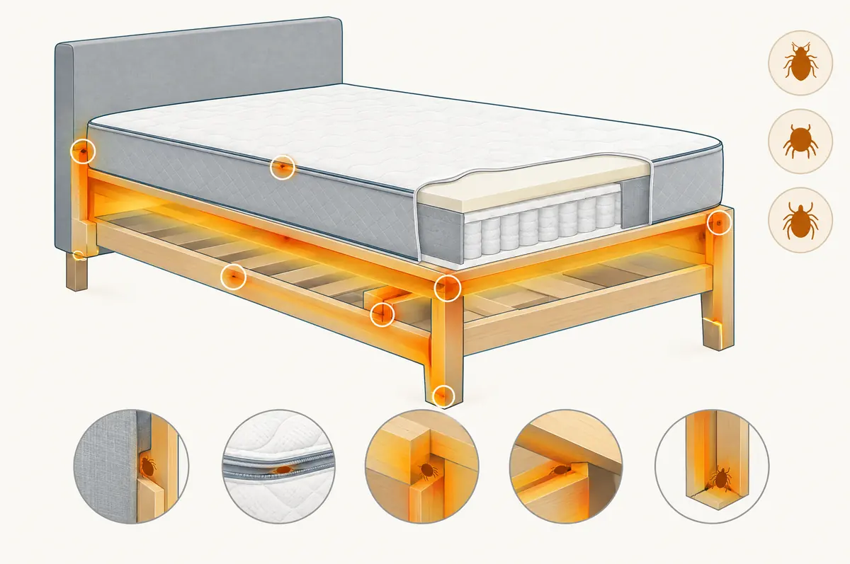 Bed frame cross-section with rings on seams and joints and a warm gradient showing heat reaching them
