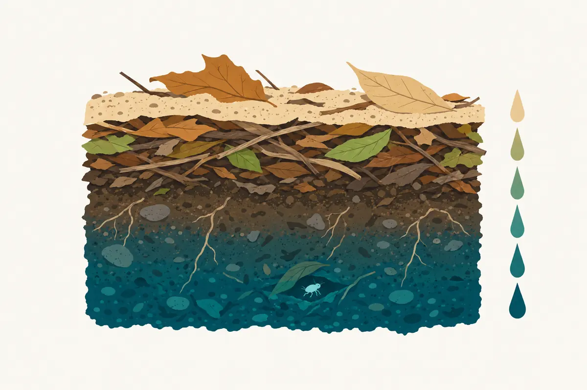 Cross-section of leaf litter showing a dry top layer, moist base and a small dot for the nymph stage