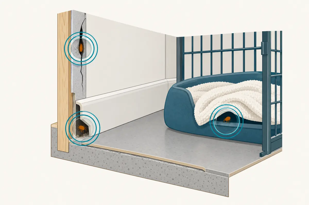 Cutaway of kennel wall and floor with rings marking cracks, baseboards and bedding as harborage zones