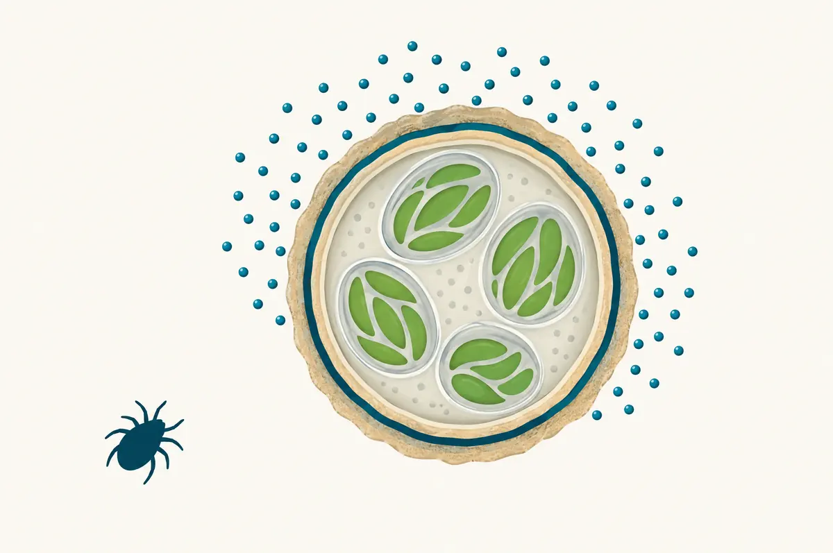 Multi-layer oocyst cross-section with oxidizer molecules stopping at the outer wall