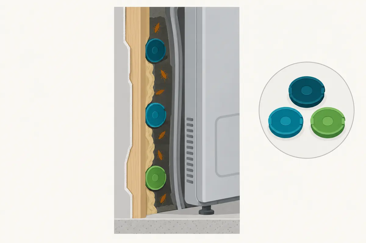 Wall void cross-section with three bait circles in different tones showing rotation by mode of action