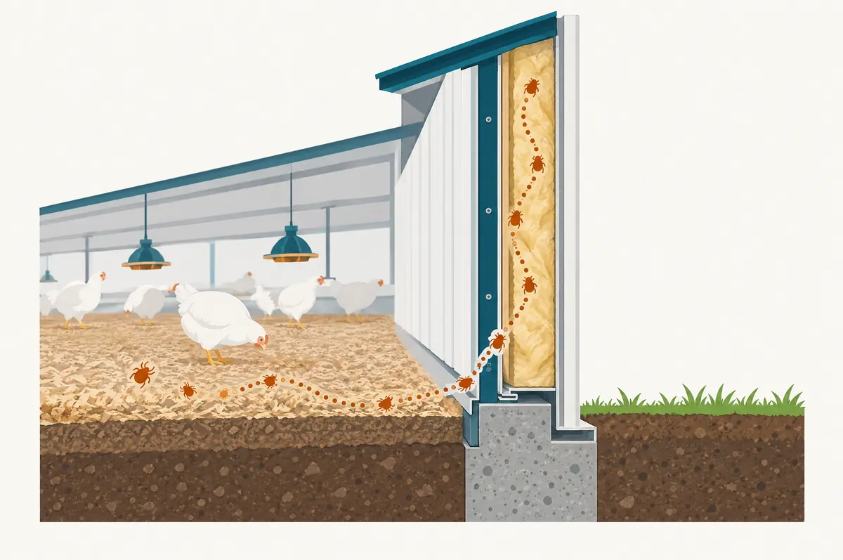 Cross-section of house wall, floor and insulation with a dotted path into the wall junction